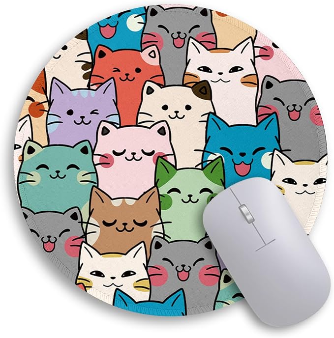 Immaturus Cat Mouse Pad, Cute Small Mousepad for Desk Gaming Work Office | 8.6" x 8.6", Travel, Home Decor Desk Accessories, Round, Non-Slip Base, for Wireless Mouse Laptop Computer, Girls Cat Lover