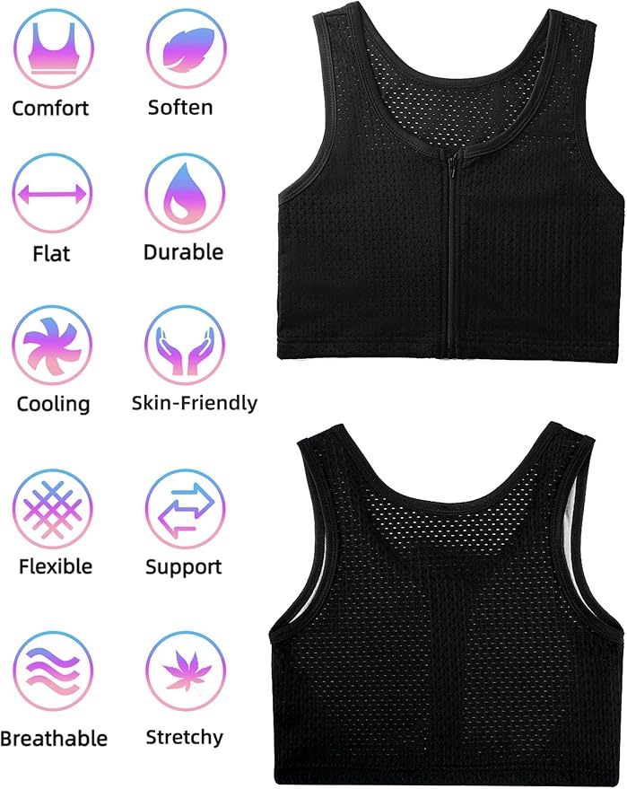 XUJI Chest Binder FTM Transgender Zip Up Binder Breathable Breast Cool Fabric Tank Top
