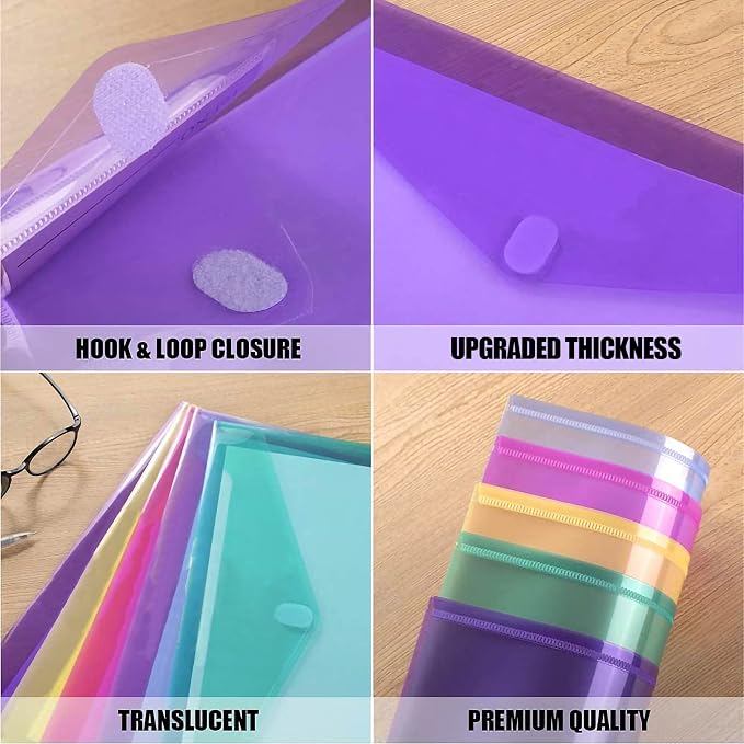 Sooez 32 Pack Plastic Envelopes File Folders, Plastic Folders with Safe Closure, Colored Folder for Documents Organizer Letter/A4 Size, Clear Filing Folder for Office School Supplies Storage, 8 Colors