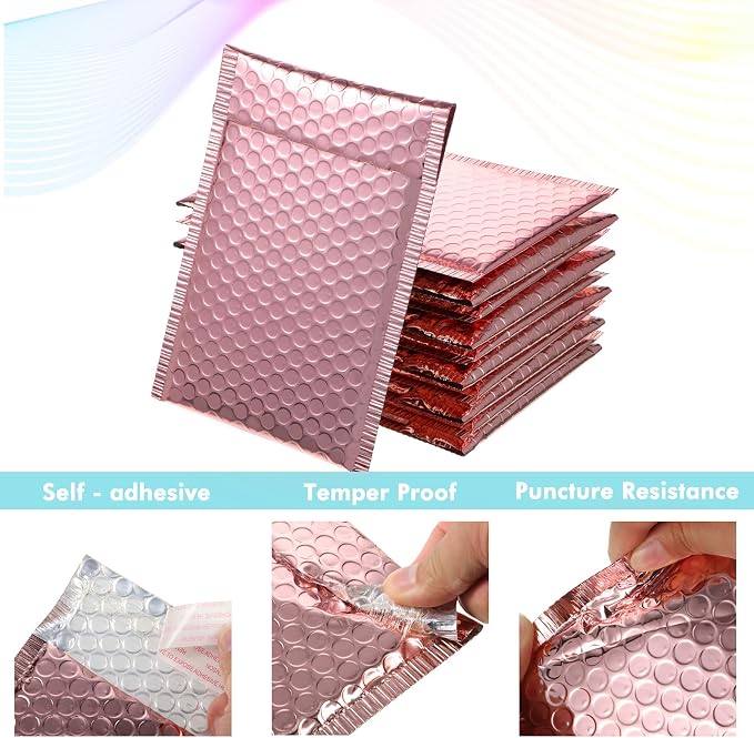 50 Pieces Bubble Mailers 3 Sizes Self Seal Adhesive Poly Mailers Metallic Foil Glitter Padded Shipping Bubble Envelopes for Valentine Mailing Packing Small Business (Rose Gold)