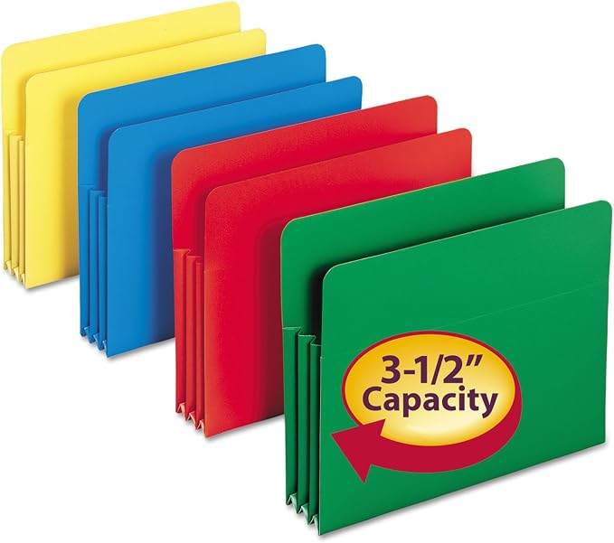 Smead Poly File Pocket, Straight-Cut Tab, 3-1/2" Expansion, Letter Size, Assorted Colors, Pack of 4