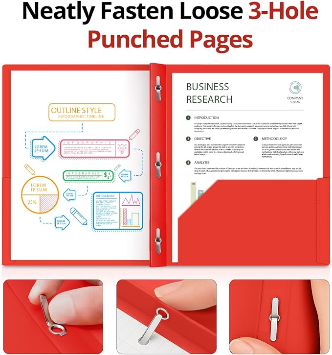 Taja Plastic Folders with Pockets and Prongs (6 Pack, Red), 2-Pocket Poly Folders with 3 Hole Punch and Business Card Slot, Fits Letter Size Paper, for School, Office, or Home Use