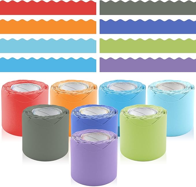 8 Rolls 262.4 Ft Bright Bulletin Board Borders Set - Decorations for Office, School Classroom Decor, Teachers & Home DIY - Posters & Birthday Parties - Board Trim （Aesthetic Color）