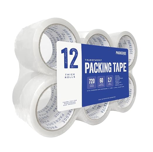 Packedge Clear Packing Tape, 12 Rolls, 1.88 in x 60 Yd Heavy Duty Shipping | 2.7 Mil Thick, 720 Total Yards. Ideal for Moving, Box Sealing & Storage. Strong Adhesion, No Residue, Tear-Resistant Design