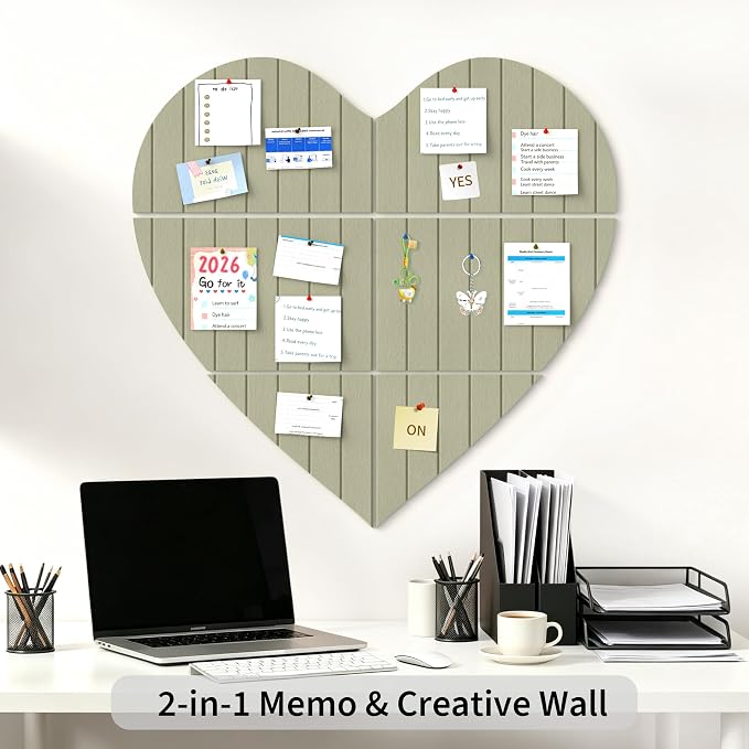 Heart-Shaped Felt Bulletin Board 29"x29", 6 Felt Tiles with, Green | Photo Display Memo Board for Office Home, Felt Pin Board with Adhesive Tiles and Pins for Notes, Photos and Artwork