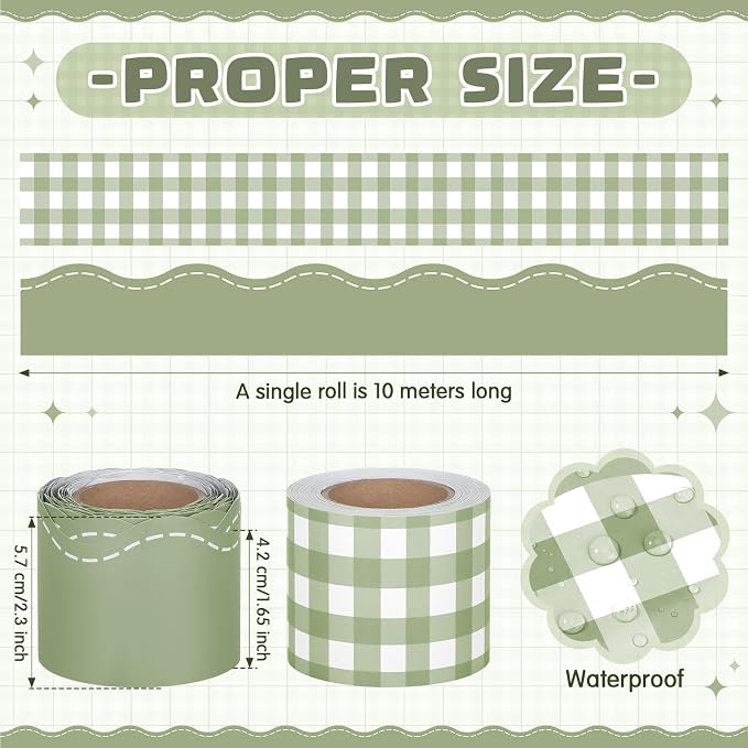 2 Rolls 65.6ft Sage Green Gingham Bulletin Board Borders Decoration Green Checkered and Straight Edge Bulletin Borders Board Trim for Office School Classroom Chalkboard Party Decoration