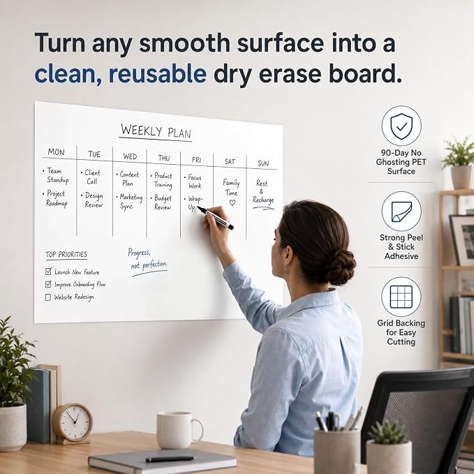 Dry Erase Paper for Wall 60" x 36", Self Adhesive White Board Wallpaper Peel and Stick, No Ghosting Whiteboard Contact Paper for Office Classroom Meeting Room