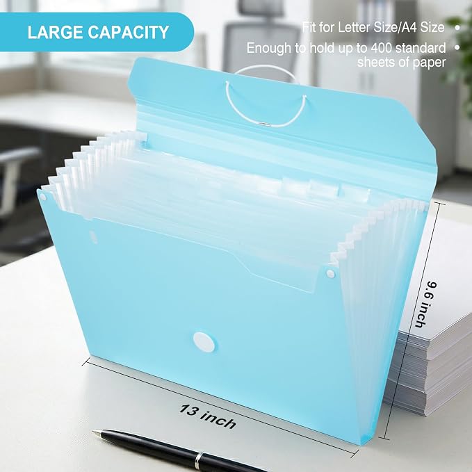 Comix Accordion File Organizer, 13 Pocket, Blue | Expanding File Folder, A5/Letter Size Documents, Includes Labels, For Office, Home, School