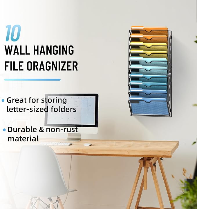 10-Tier Hanging Wall File Organizer with Hooks, 2 Pack | Mesh Wall File Holder, Mail Organizer Wall Mounted for Papers, Documents, Folders and Magazines in Home Office, Classroom