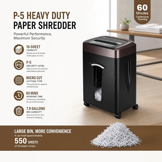 Wingwise 16 Sheets Paper Shredder Heavy Duty for Home Office | P-5, 60 Mins Runtime, 7.9 gal, Micro Cut, Shreds CDs & Credit Cards