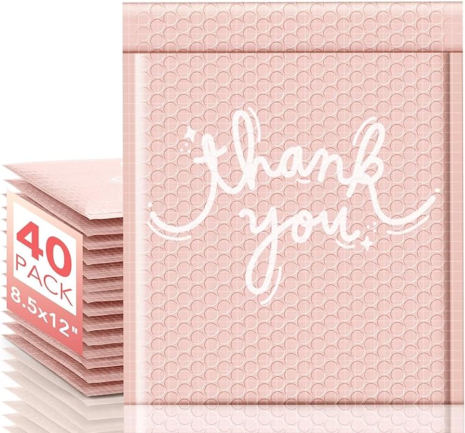 METRONIC Bubble Mailers 8.5x12" 40 Pack Thank You Pink Padded Mailer Usable Size 8.5 x 11" Strong Adhesion Bubble Envelopes Medium Mailing Envelopes Padded for Small Business Shipping Books Clothes