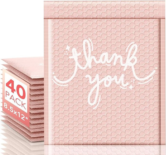 METRONIC Bubble Mailers 8.5x12" 40 Pack Thank You Pink Padded Mailer Usable Size 8.5 x 11" Strong Adhesion Bubble Envelopes Medium Mailing Envelopes Padded for Small Business Shipping Books Clothes