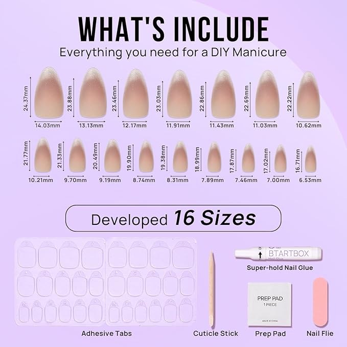BTArtbox Press On Nails Almond - Medium Cat Eye French Tip Nails with Glue for Daily Nail Art, Fake Nail Extensions In 16 Sizes - 32 Nail Kit, Liquid Radiance