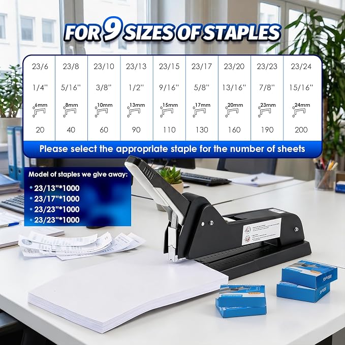 Heavy Duty Long Reach Stapler with 4000 Staples for Booklets | Frifreego Long Arm Stapler with 200 Sheets Capacity, 9.84" Adjustable Stapling Depth Suitable for Booklets & Office document