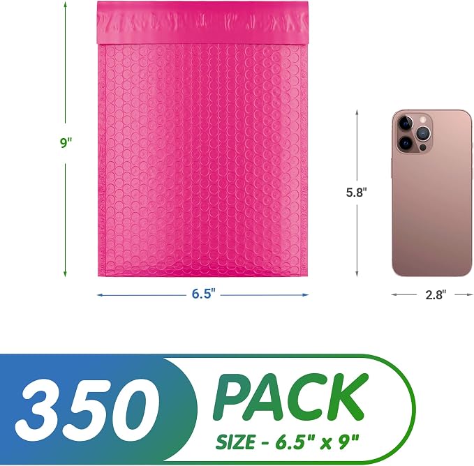 Poly Bubble Mailers, 6.5 x 9 Inch Pink Padded Mailers, Self Seal Shipping Envelopes, Lightweight Poly Mailer Bags, Waterproof Mailing Bags, Pack of 350