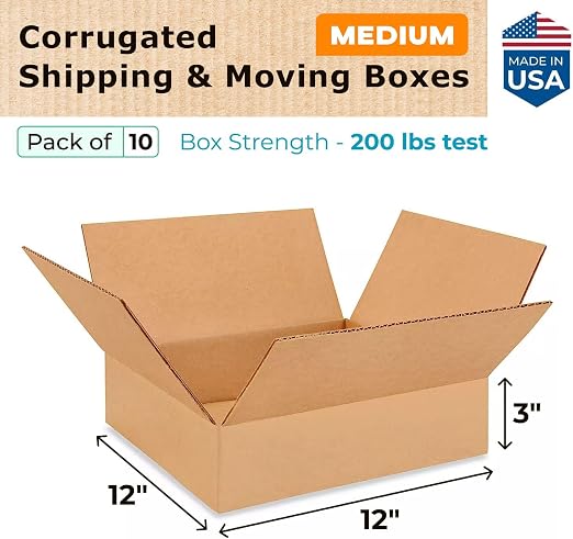 Medium Moving & Shipping Boxes 12x12x3 inches (10-Pack) - Extra Strength 200 lb vs Regular - USA-Made Corrugated Strong Cardboard Boxes - Heavy Duty Packing Box - Box Packaging by IDL Packaging | Extra Strength 200 lb vs Regular - Corrugated Strong Car...