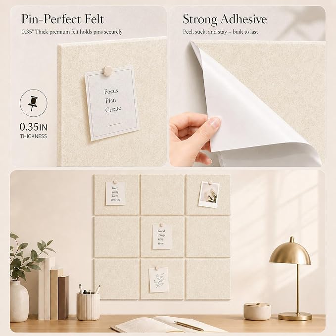 Felt Bulletin Board Tiles, Cork Board Alternative, 48 x 36 in | 0.35 in modular felt wall tiles for notes, photos, schedules, reminders in offices, classrooms, home & office workspace