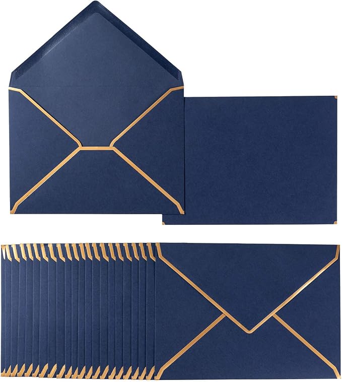 50 Pack A6 Envelopes Navy Blue 4x6 with Gold Border, 4.75x6.5 | Self-Adhesive, V Flap, For Wedding, Graduation, Baby Shower, Parties, Invitations