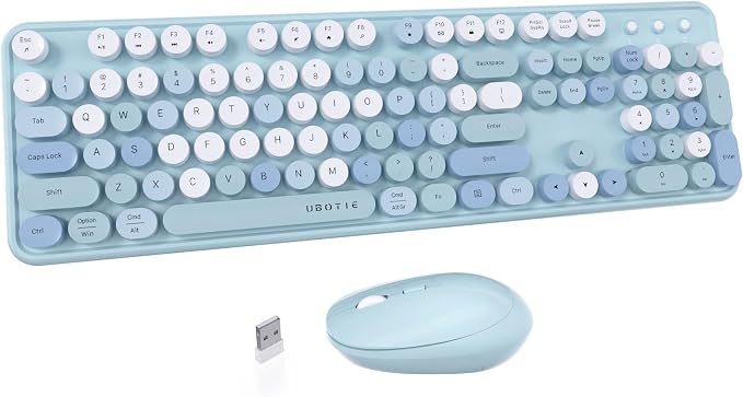 UBOTIE Colorful Wireless Keyboard and Mouse Combo (Blue-Colorful) | Retro Typewriter Floating Full-Sized Keys Computer Keyboard with Optical Mouse, 2.4GHz USB Connection for Windows Mac