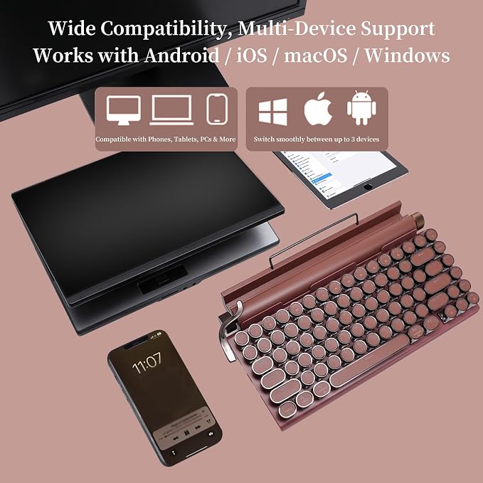 Adventurers Retro Typewriter-Style Mechanical Keyboard, 83 Keys, 75% Compact Layout, Bluetooth 5.0 and Wired, Hot-Swappable Blue Switch, White Backlit for Windows/Mac/iPad/PC/Laptop (Rose Red)