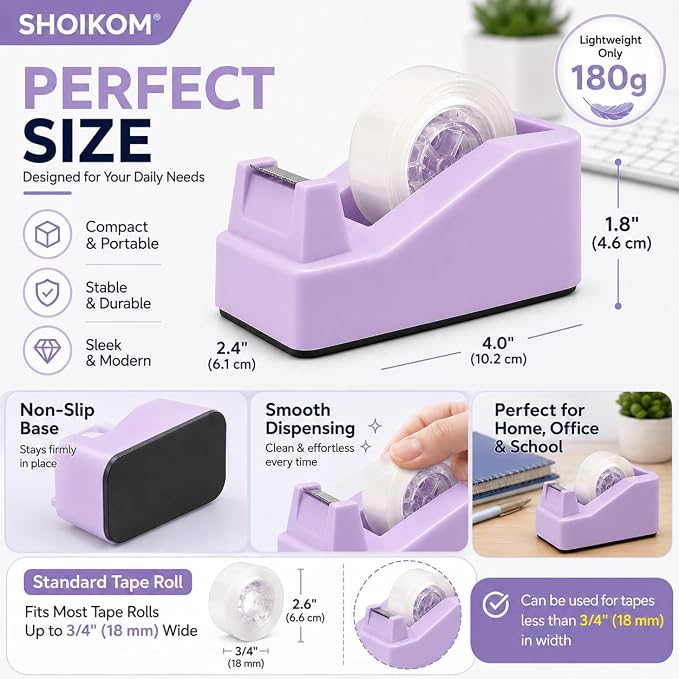 SHOIKOM Purple Tape Dispenser for Desk, Weighted Non-Slip Base, One-Hand Tape Cutter, Cute Macaron Office Desk Accessory (Tape not Included)
