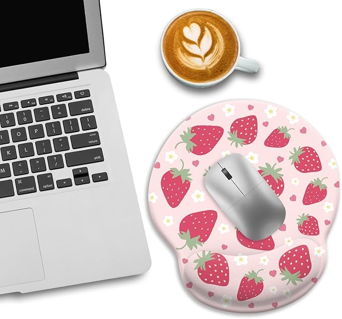 Pink Ergonomic Mouse Pad with Wrist Rest, Gaming Mousepad with Non-Slip Pain Relief PU Base, Cute Pink Strawberry Office Desk Accessories Decor Supplies - Sweet Valentine‘s Day Gift
