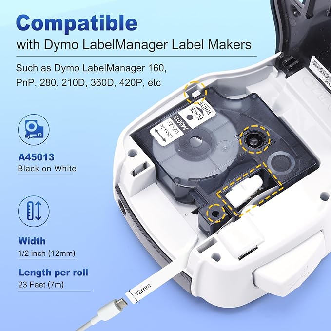 6-Pack Compatible with Dymo D1 Label Tape 45013 1/2 Inch x 23 Ft Replace for DYMO Label Maker Refills d1 a45013 S0720530 Black on White 45013s for LabelManager 160 280 210D 360D 420P PnP