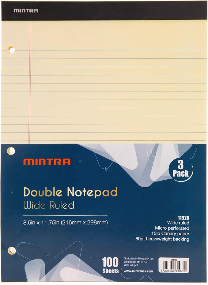 Mintra Office Canary Legal Pads - With Micro-perforated sheets, Smooth-lined paper, Ideal for Office Tasks, Assignments or Notes, Meetings, and Journaling, 3 pack Wide Ruled, Double Pad, 8.5"x11"