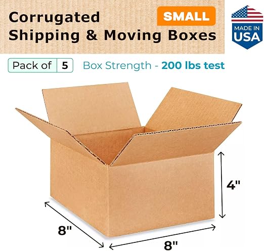 Small Moving & Shipping Boxes 8 x 8 x 4 inches (5-Pack) - Extra Strength 200 lb vs Regular - Corrugated Moving Boxes for USPS/UPS/FEDEX - Packing Box for Moving - Cardboard Box by IDL Packaging | Extra Strength 200 lb vs Regular - Corrugated Moving Box...