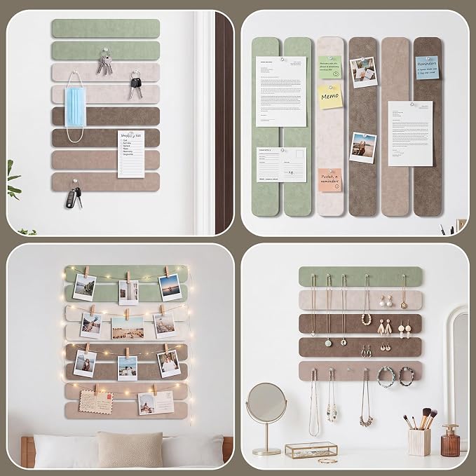 Thboxes 8 Pack Felt Bulletin Board Strips, 13x2 Inch Pin Boards with 50 Pushpins and 10 Wooden Clips Push Pins, Cork Board for Walls Home Office Decor, 24 Adhesive Tabs Included