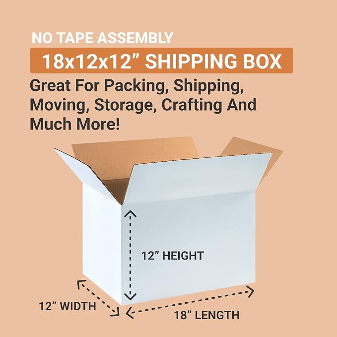 BOX USA 181212W Corrugated Cardboard Box 18" L x 12" W x 12" H, White, For Shipping, Packing and Moving (Pack of 25)