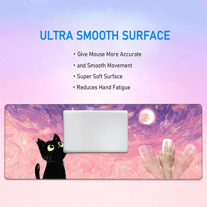 Starry Night Cat Desk Mat,Pink Cute Large Gaming Mouse Pad,31.5x12in | Dreamy Anime Kawaii Extended Mousepad,XL Washable Desk Decor Keyboard Mat,Stitched Edges Mousemat for Women,80x30 cm