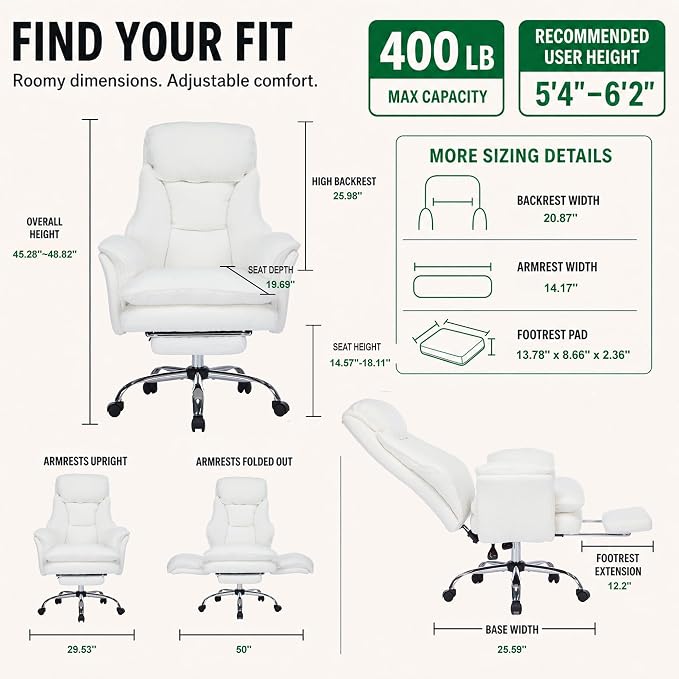 Criss Cross Office Chair with Wheels,Flip-Up Arms and Footrest, White | Cross Legged Office Chair, 30" Wide Seat, 7.87" Teddy Fleece Cushion, 155° Recline, 400 lb, Home Office or Vanity