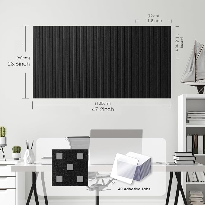 Large Felt Bulletin Board 48" x 24", Black | 8 Pack Felt Tiles, 40 Adhesive Tabs, Cork Board Alternative for Walls, Push Pin Board for Home Office Decor