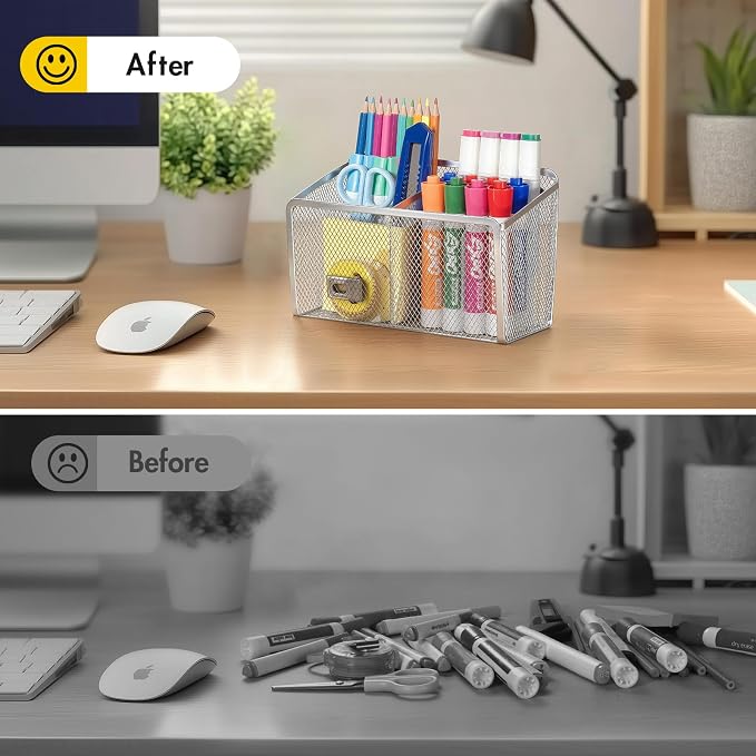 BEYGORM Magnetic Dry Erase Marker Holder for Whiteboard, Locker Organizer | Mesh Non-slip Pen & Pencil Holder for Refrigerator, Basket for Classroom, School &Office (Silver, 1-Pack)