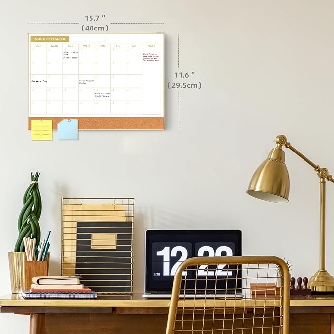 Dry Erase Calendar with Cork Board for Wall | 11.6"x 15.7" Magnetic Calendar Whiteboard with Gold Frame, Monthly Combination Board for School, Home, Office