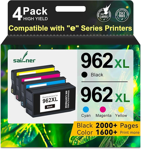962XL Ink Cartridges Replacement for HP 962XL Ink Cartridges Combo Pack 4PK | Upgraded ChipHP 962 Compatible with HP Officejet Pro 9010 9012e 9015 9015e 9018e 9020 9025 9025e for Home & Office Daily Use