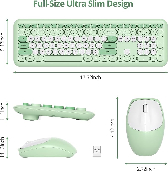 surmen Green Keyboard and Mouse Wireless, Cute Wireless Typewriter Keyboard, Full Size Slim Silent Round Keys Aesthetic for Home and Office(Colorful Green)