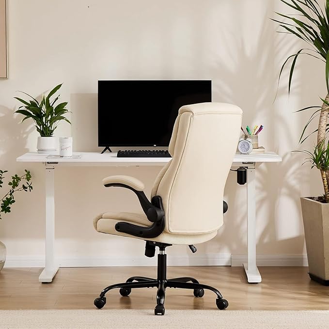 Sweetcrispy Ergonomic Computer Gaming Office Chair Set of 2, Heavy Duty Task Desk Swivel Rolling Chairs with Wheels, Flip-up Arms, Adjustable Height, PU Leather,Cream White
