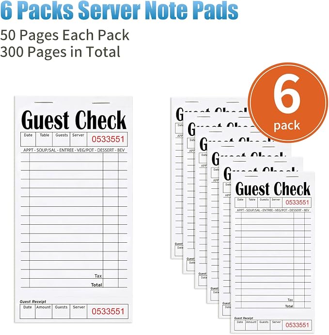 ZPARIK 6 Pack Guest Checks Books, Server Note Pads, White | 6 Pack Guest Checks with 50 Sheets Per Book, Waiter Checkbook, Waitress Notepad for Restaurants, Perfect for Servers