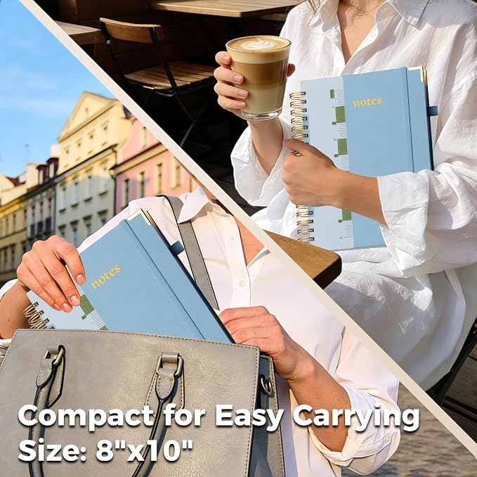 Line Hardcover Spiral Notebook with Removable Dividers Tabs & Ruler, 5 Subject Notebook College Ruled, 300 Page, Large 8"x10" B5 Notebooks for Work School, Lined Journal for Women, Light Blue