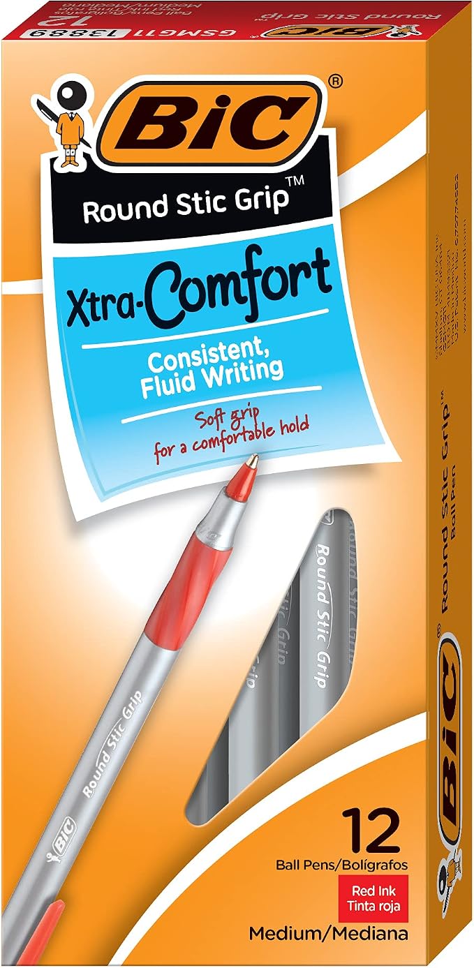 BIC Round Stic Grip Xtra Comfort Red Ballpoint Pens, Medium Point (1.2mm), Excellent Writing Pens With Soft Grip for Superb Comfort and Control 12 Count (Pack of 2)