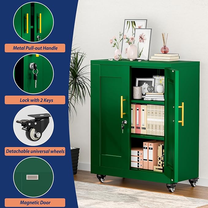 PAOFIN Metal Storage Cabinet-35” Tall Steel File Cabinets with Lockable Doors and Adjustable Shelves, Steel Tool Cabinet with Wheel for Home, School, Office, Garage Green