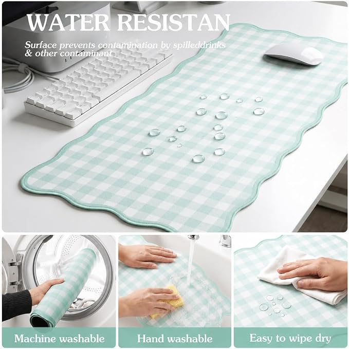 Scalloped Gingham Pink Desk Mat,Large Cute Desk Pad for Keyboard Mouse,Girly Mouse Pad for Desktop Office