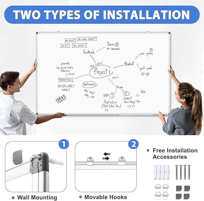 Double-Sided White Board Dry Erase Magnetic Whiteboard Wall 60x40, 2-Pack | Smooth Write & Clean, Durable 11-Layer, Aluminum Frame, Easy Wall Mount & Hanging, Full Kit for Home, Office, School