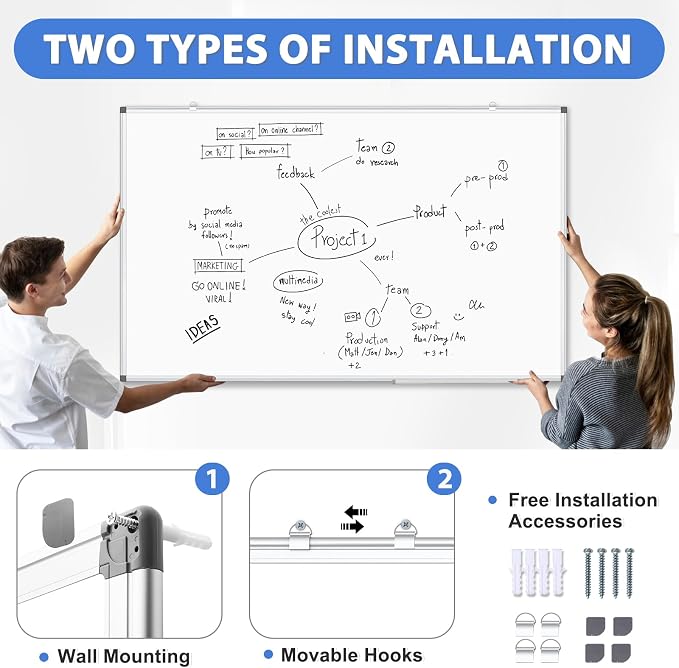 Double-Sided White Board Dry Erase Magnetic Whiteboard Wall 72x40, 2-Pack | Smooth Write & Clean, Durable 11-Layer, Aluminum Frame, Easy Wall Mount & Hanging, Full Kit for Home, Office, School