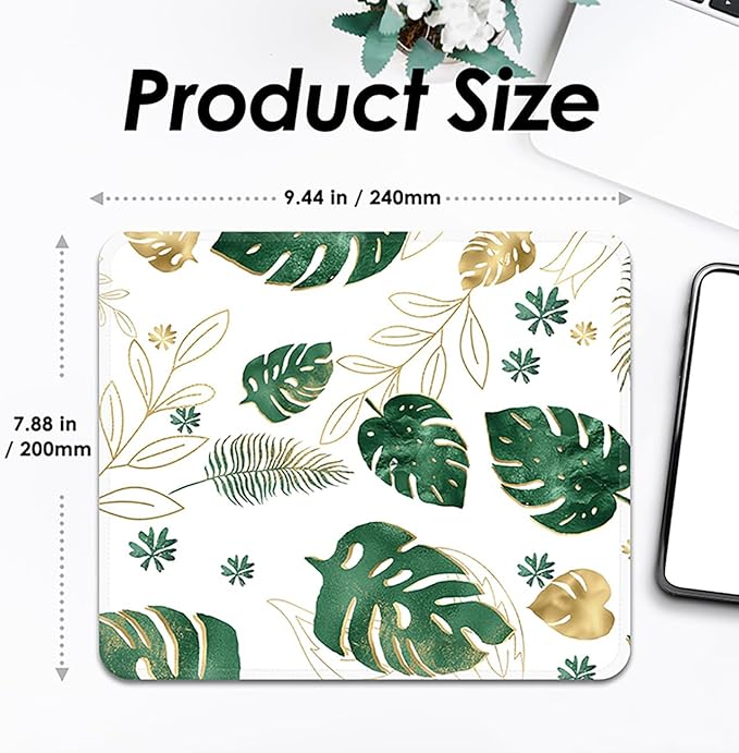 Mouse Pad with Stitched Edges - Tropical Leaf Mousepad for Women, 9.25 x 7.75 inch Washable Square Desk Pad, Non-Slip Rubber Base, Office Home Laptop Accessories - Golden Monstera