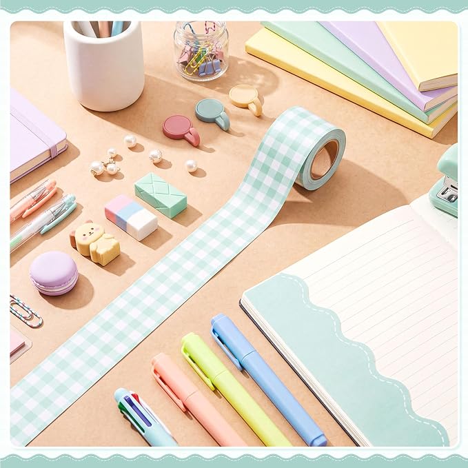 2 Rolls 65.6ft Mint Green Gingham Bulletin Board Borders Decoration Green Checkered and Straight Edge Bulletin Borders Board Trim for Office School Classroom Chalkboard Party Decoration