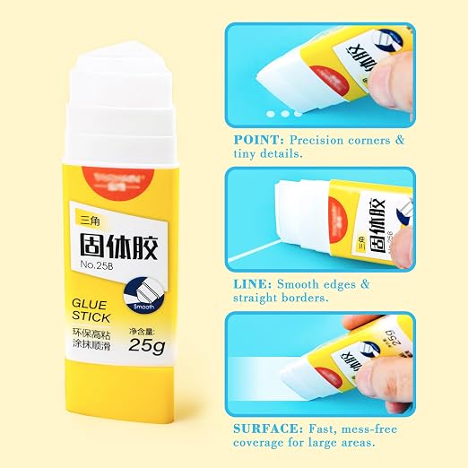 Smilo Triangle Glue Sticks, No-Roll Precision Tip 25g 3-Pack for School | Safe, Washable, Non-Toxic, Acid-Free,Smooth & Wrinkle-Free,Reaches Corners & Edges,For Crafts, School, Office, DIY