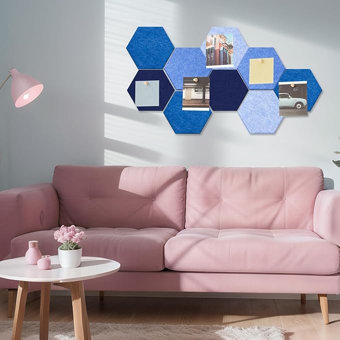 16 Pcs Hexagon Cork Board for Walls with 50 Wooden Push Pins 6.7 x 5.9 in Felt DIY Tiles Notice with Nano Tape Hanging Bulletin Board for Home Photo Office Memo Note(Ocean)